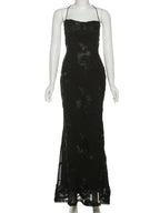 Nibber Elegant Flower Embroidery Maxi Dress Women Low-Neck Cross Bandage Backless Summer Street Trend Skinny Holiday Vestidos