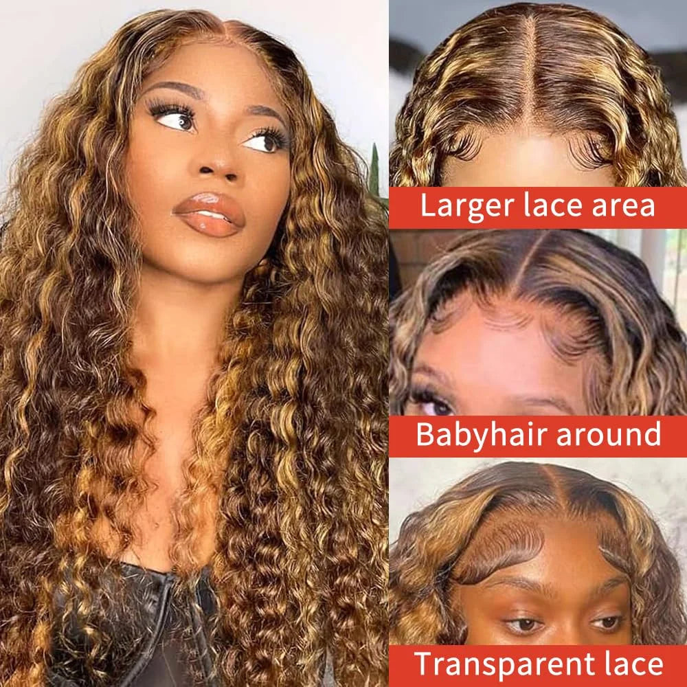 Glueless Pre Plucked Lace Front Human Hair Wigs 30 Inch 13x6 HD Ombre Highlight 4 27 Honey Blonde Deep Wave 250 Density Bouncy Hair For All Occasions
