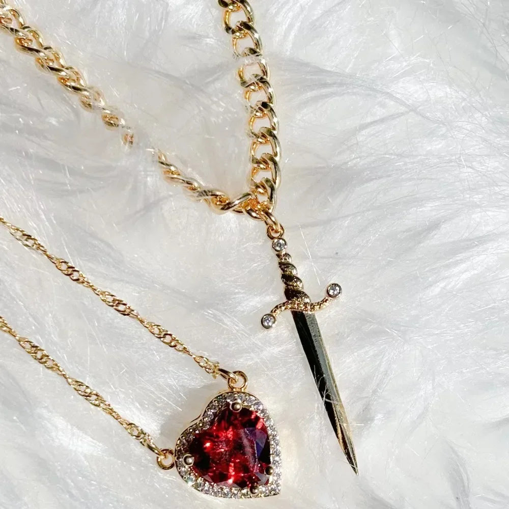 Heart and Sword Necklace Couple Necklaces Zircon Crystal Ring Bracelet Necklace Jewelry Set for Romantic Valentine's Day Gifts