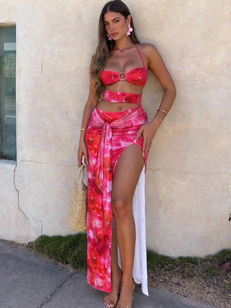 Weird Puss Tie-Dye Print Dress Women Bandage Halter Backless Irregular Hollow Ruched Knot Tie-Dye Ribbon Slits Sexy Long Bodycon