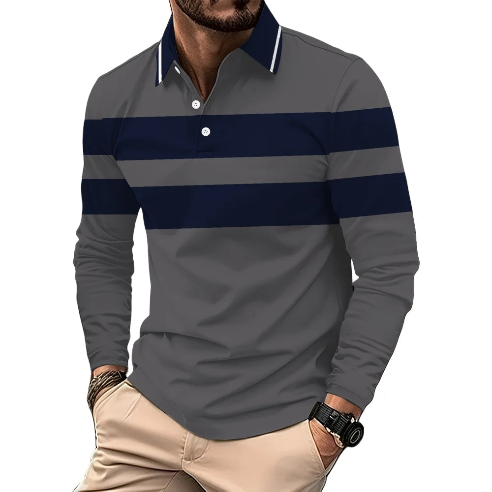 Vintage Stripe Print Mens Polo Shirts Fashion Lapel Golf Wear Men's T-Shirt Tops Street Sports Long Sleeve T Shirt Men Clothes