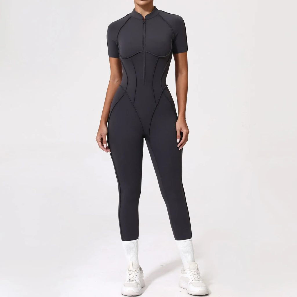 Seamless Yoga Jumpsuits Sports Fitness Zipper Hip-lifting Short-sleeved Backless Dance Workout Gym Shorts Bodysuits for Women