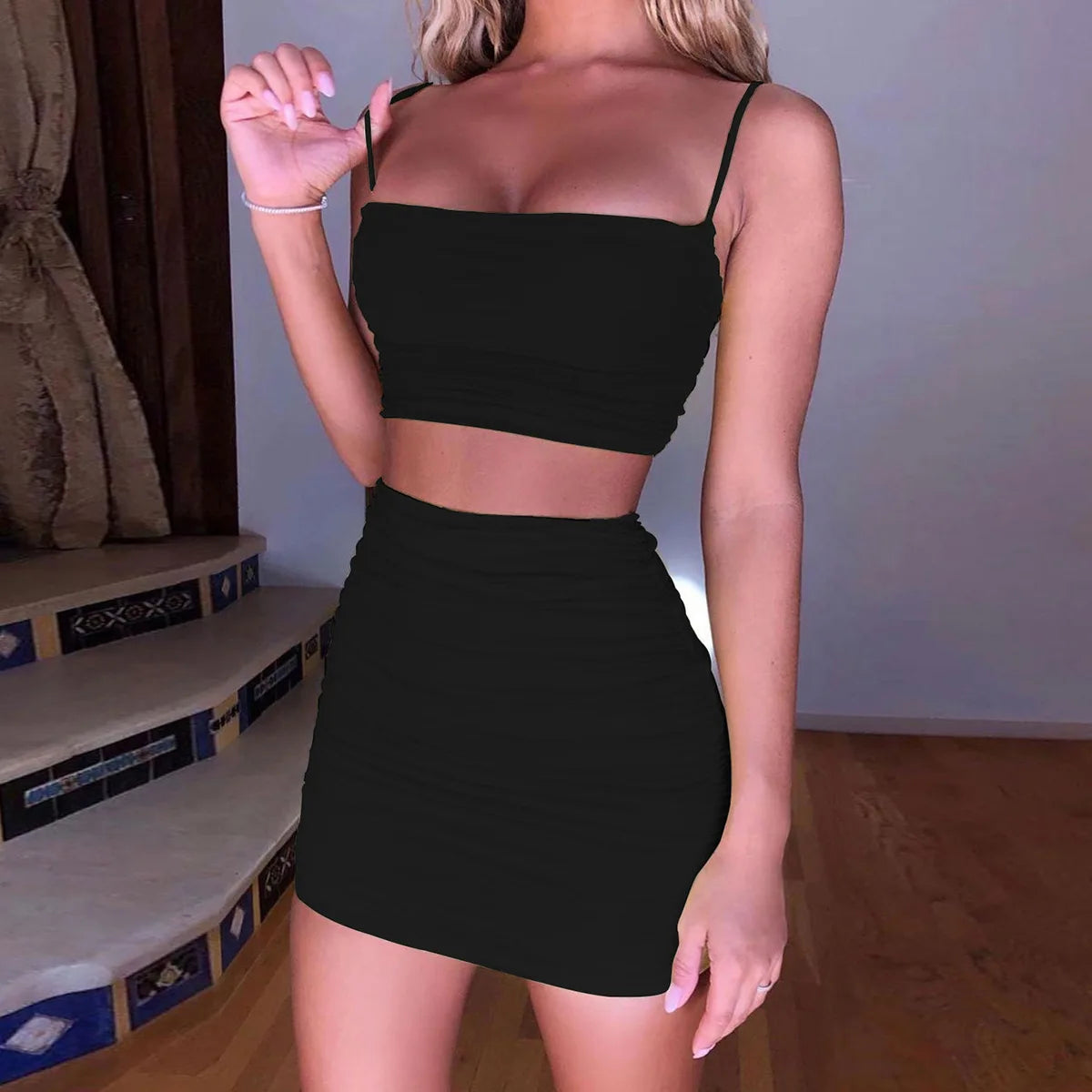 Women's New Sexy Sleeveless Strap Small Tank Top Short Top Fashion Wrinkle Bag Hip Skirt Two Piece Set