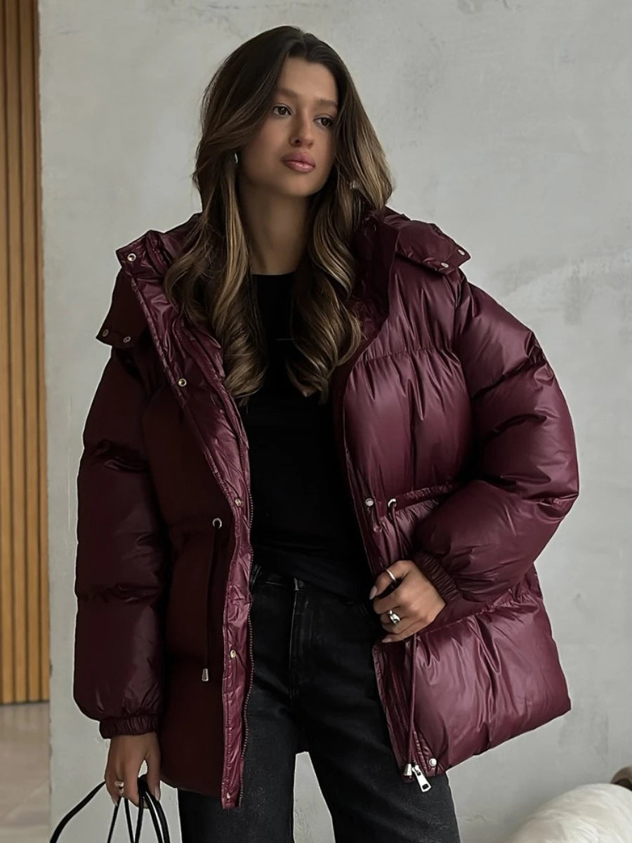 Bornladies Drawstring Slim Fit Cotton Jacket Women's  Winter New Hooded Zipper Cotton Robe Comfortable Warm Bread Jacket