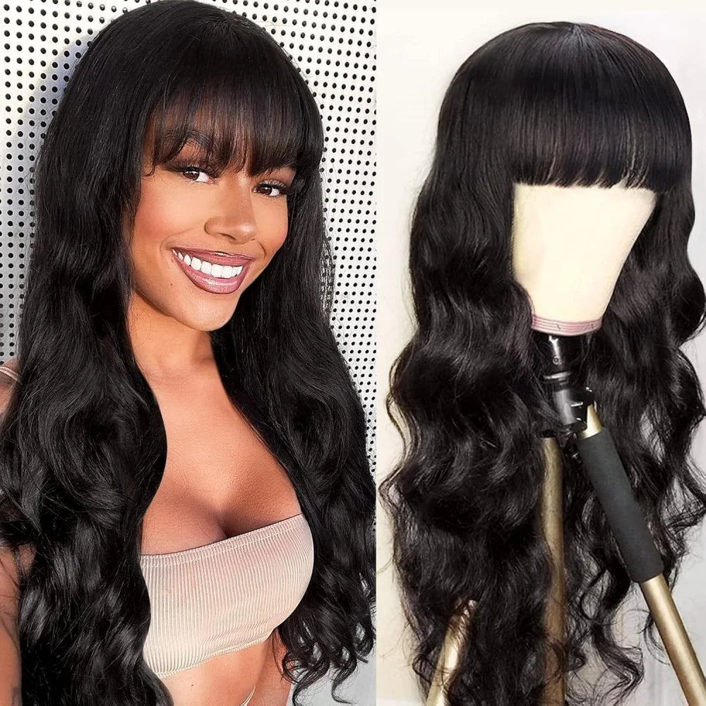 Body Wave Wigs with Bangs 3x1 Middle Part Lace Wig Human Hair Pre Plucked Body Wave Real Human Wigs with Bangs for Women 34 Inch