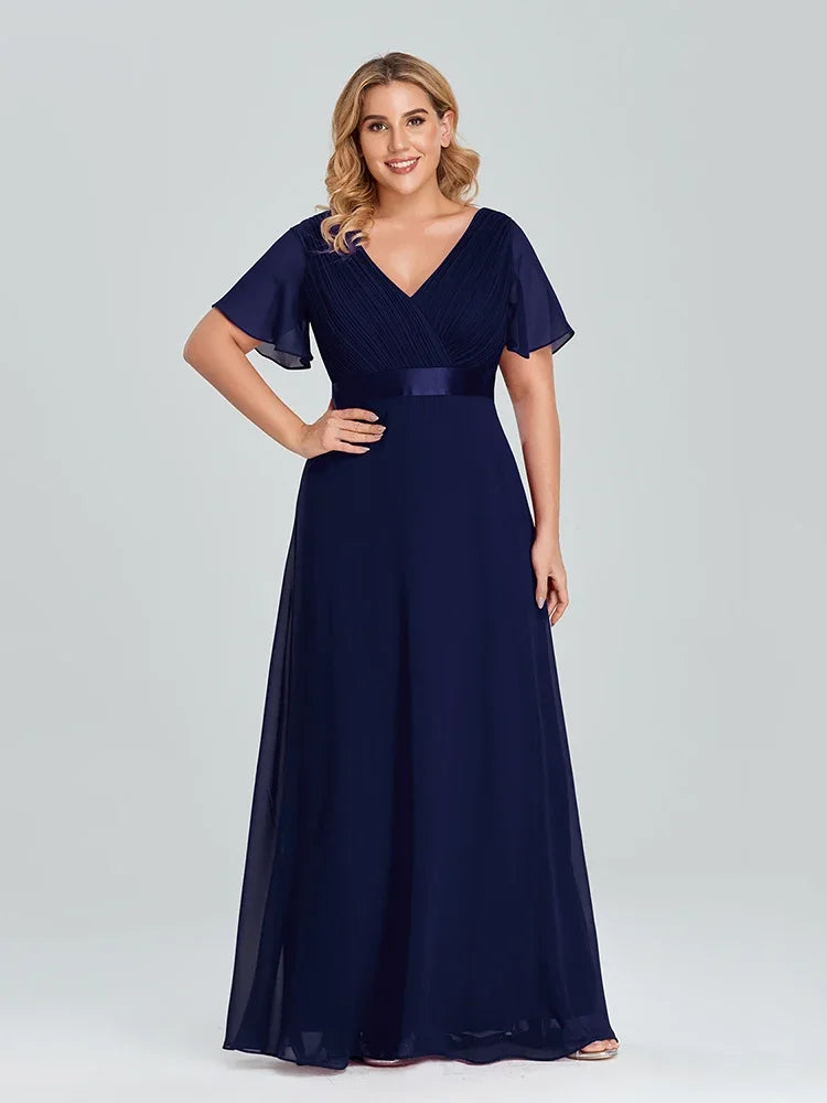 Prom Dresses Plus Size Evening Dresses Long  Elegant A Line V Neck Ruffles Chiffon Formal Wedding Party Dress Robe De Soiree