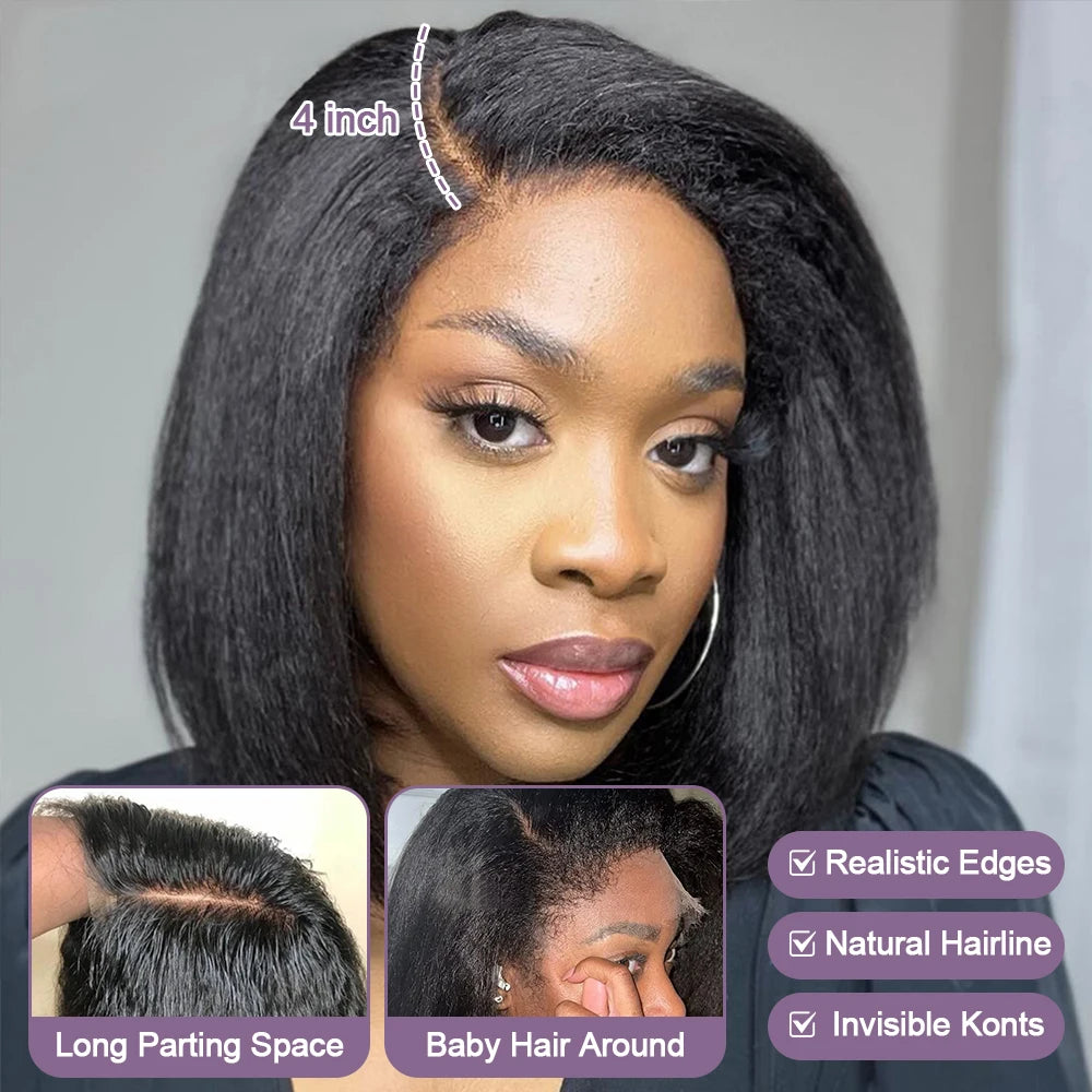 Kinky Straight Bob Wig Glueless 100% Human Raw Hair Tissage Wig HD Transparent Lace Closure Yaki Short Wig Perruques Vietnamese Secondary image