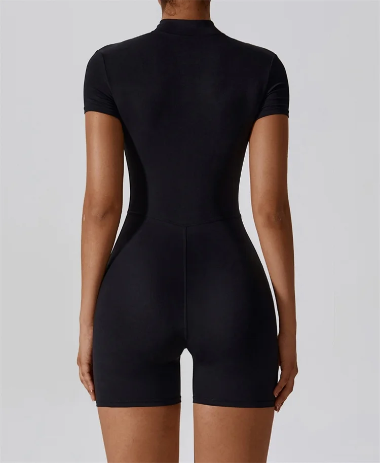 European and American nude one-piece yoga suit with stand up collar, half zipper, short sleeved fitness jumpsuit, tight fitting Secondary image