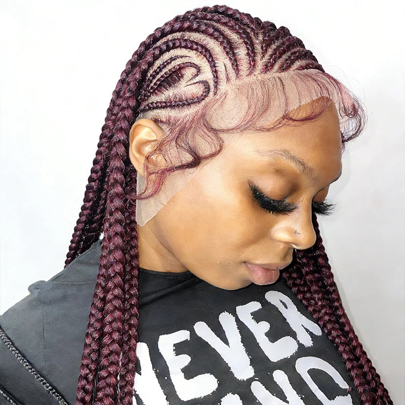 36'' Burgundy Full Lace Braided Wigs Synthetic Knotless Cornrow Heart Braid Wig For Women Box Braids Wig