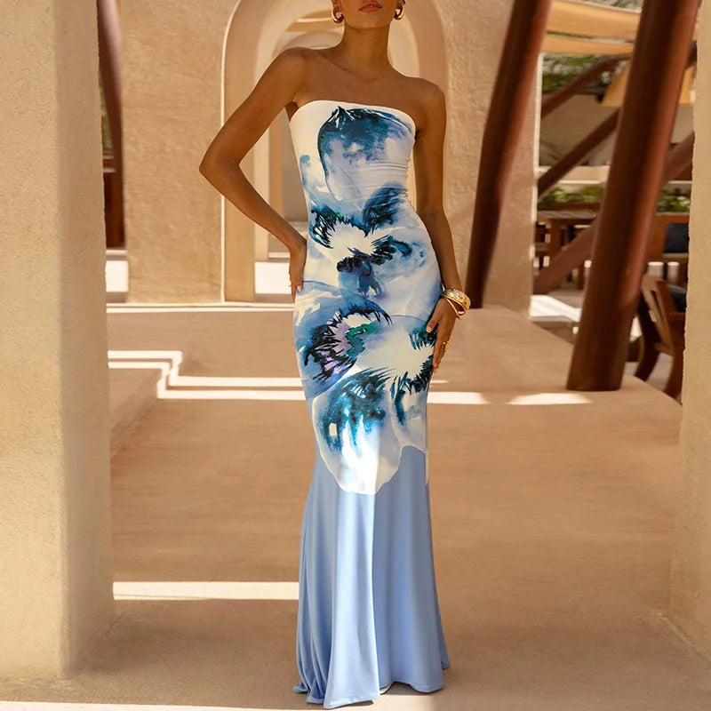 Sexy Tube Top Floral Printed One-piece Robes Summer Casual Off Shoulder Sleeveless Party Dress Elegant Lady Slim Fishtail Dress