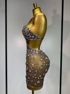 Sexy Sparkly Diamond Backless Short Dress 2026 Women Sleeveless Mesh See Through Evening Birthday Gown Singer Stage Outfit