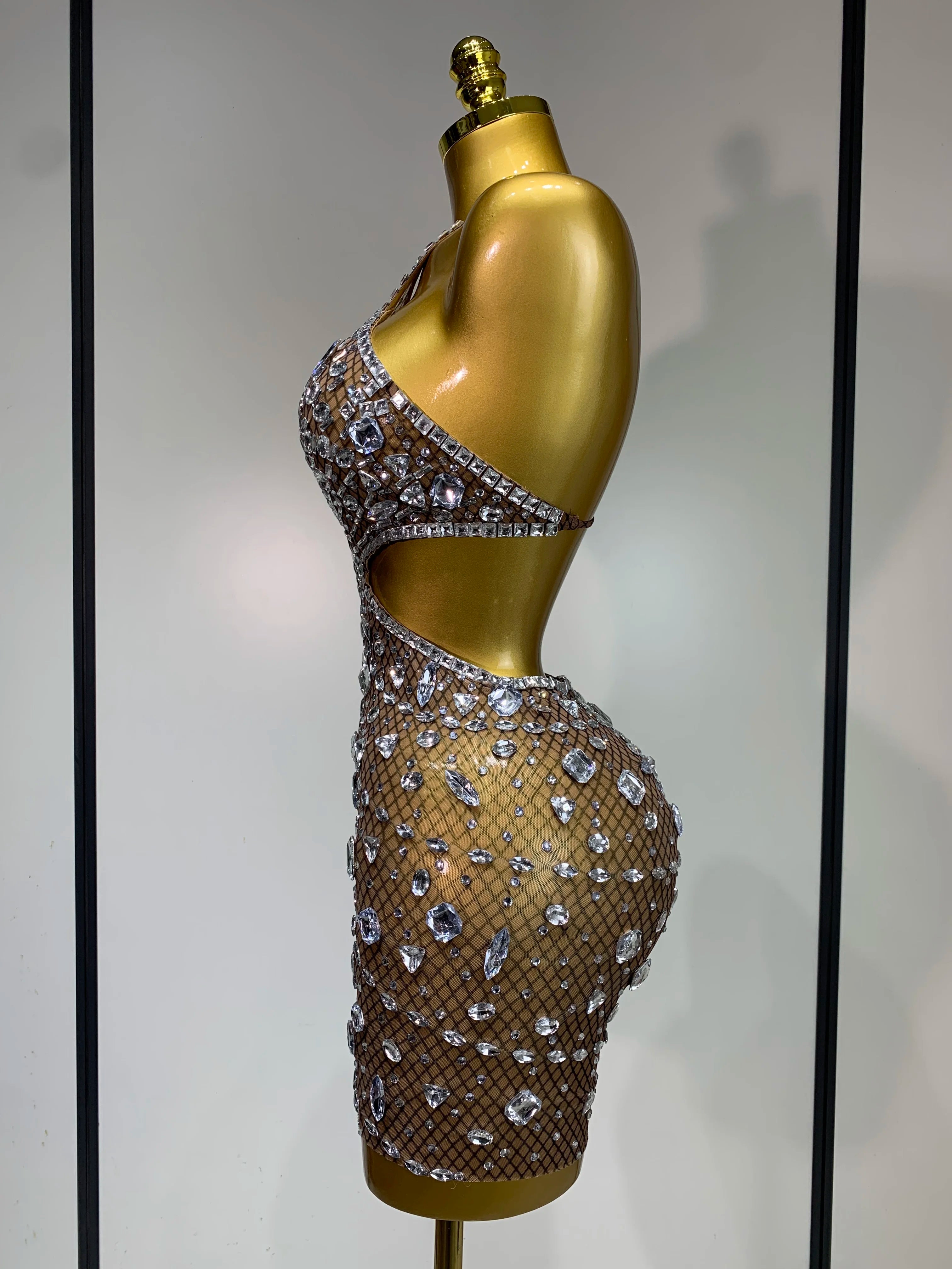 Sexy Sparkly Diamond Backless Short Dress 2026 Women Sleeveless Mesh See Through Evening Birthday Gown Singer Stage Outfit