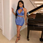 Sparkly Rhinestones Party Club Birthday Outfits for Women Two Piece Set Halter V-neck Crop Top and Mini Skirt Matching Sets