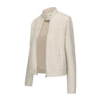 Black Women's Fitted Leather Jacket with Front Zipper & Side Pockets‌, Available in Brown, Navy Blue, and Beige.
