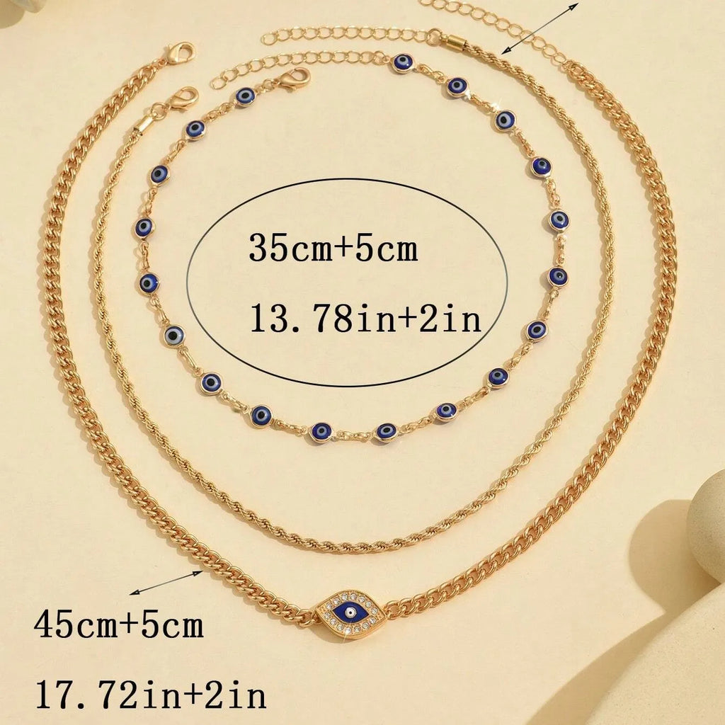 Boho Lucky Multi-layers Crystal Evil Eye Pendant Necklace For Women Geometric Round Charm Clavicle Chain Beach Jewelry