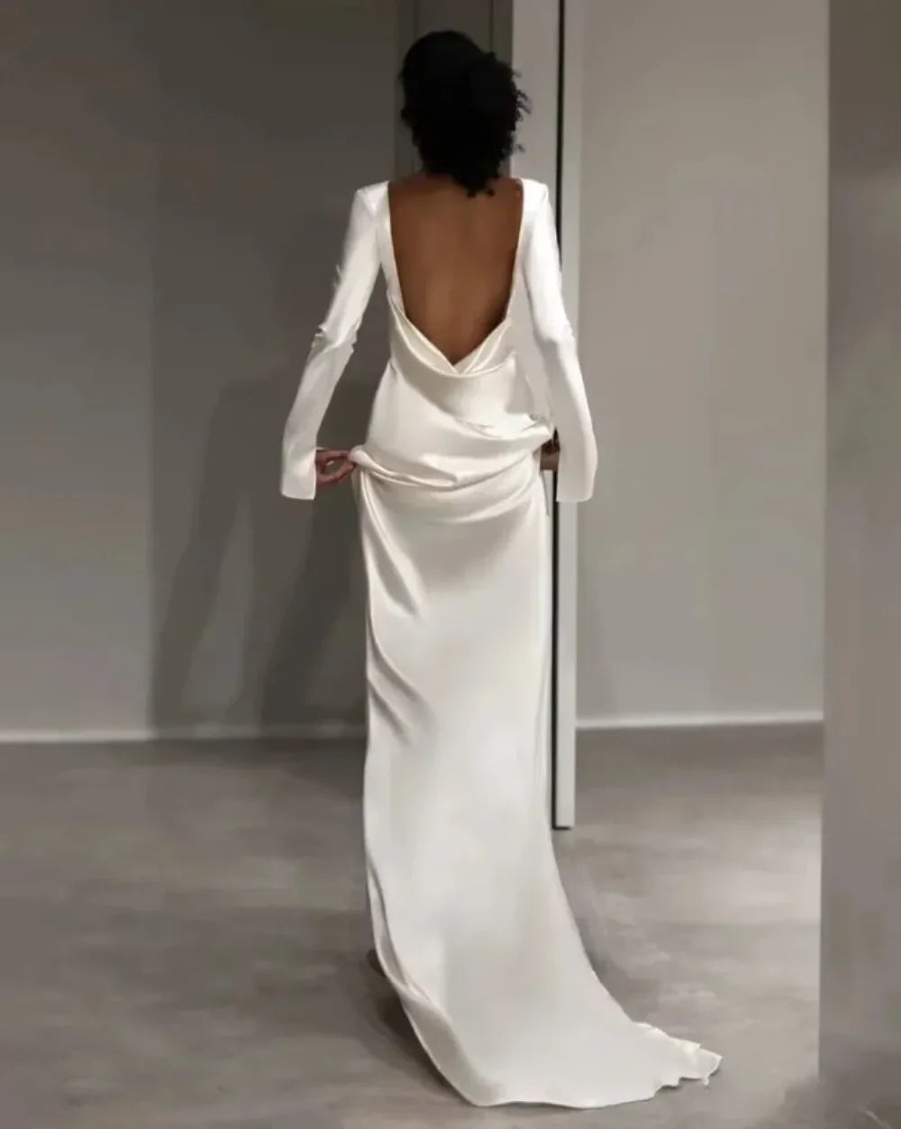 New Wedding Dress Sheath For Bride Silk Satin Full Sleeves Long-Open Back Customized Made Bridal Formal Gown Vestidos De Novia