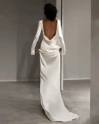 New Wedding Dress Sheath For Bride Silk Satin Full Sleeves Long-Open Back Customized Made Bridal Formal Gown Vestidos De Novia