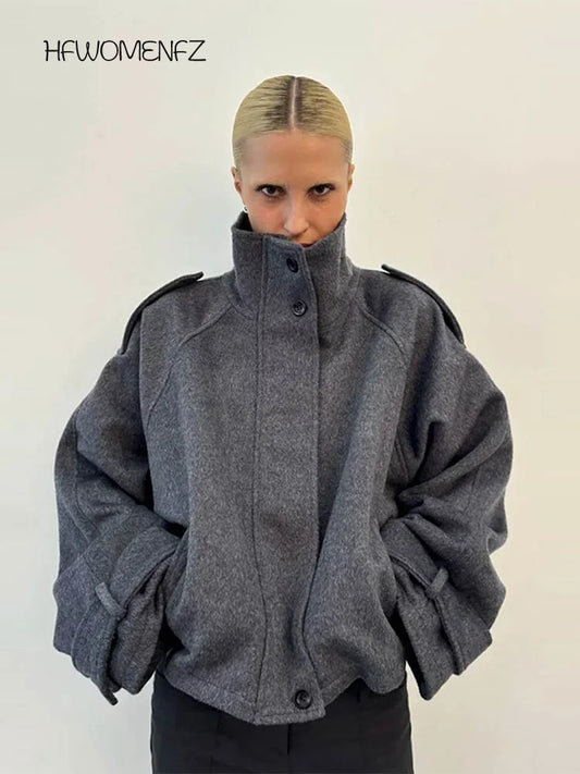 Casual Solid Loose Jackets Women Fashion Full Sleeve Single Breasted Stand Collar Short Coats Female 2025 Autumn Lady Outwears