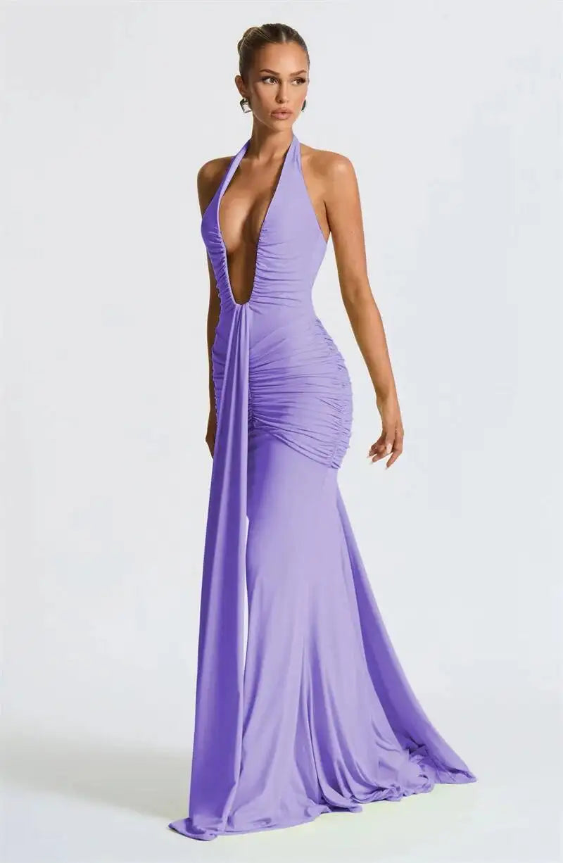 Deep V Neck Draped Ruched Sexy Maxi Dress Women Summer Fashion Halter Sleeveless Backless Club Party Long Dress Elegant BM98