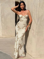 Nibber Elegant Flower Embroidery Maxi Dress Women Low-Neck Cross Bandage Backless Summer Street Trend Skinny Holiday Vestidos
