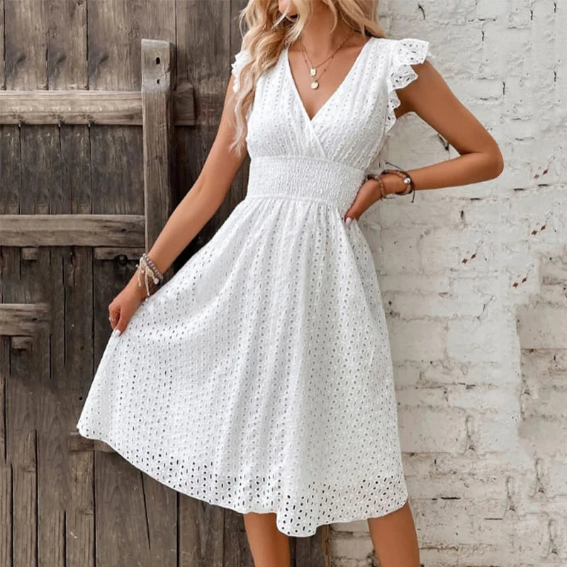 Summer Women V-Neck Beach Dress Flare Sleeve Solid Color Hollow Lace Waist Dress Casual Beach Holiday Dresses Secondary image