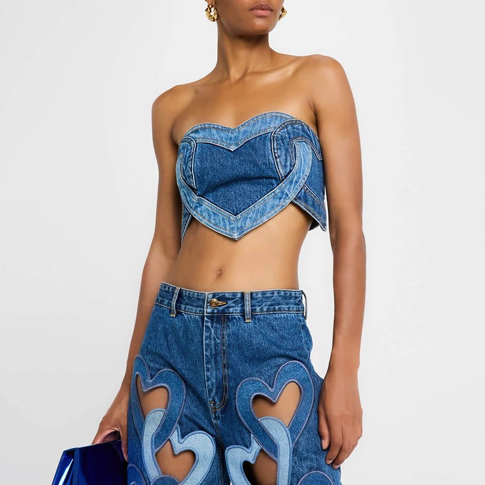 TWOTWINSTYLE Soild Two Piece Sets for Women Straplelss Sleeveless Vest High Wiast Patchwork Hollow Out Jeans Elegant Set Female Secondary image