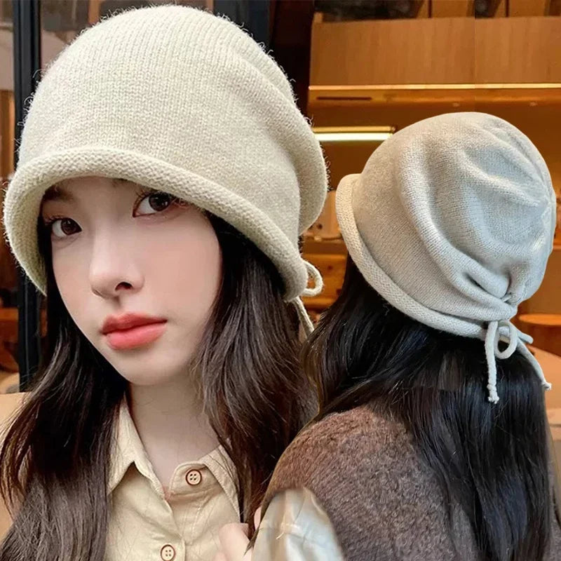 Fashion Drawstring Baggy Slouchy Beanie For Women Autumn Winter Ear Warm Skullies Cap Solid Color Bonnet Girl Kintted Woolen Hat Secondary image
