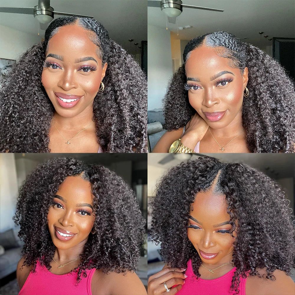 Kinky Curly V Part Wig Human Hair No Leave Out Thin Part Brazilian Hair Wigs for Women 250% Afro Curly Glueless V/U Part Wigs
