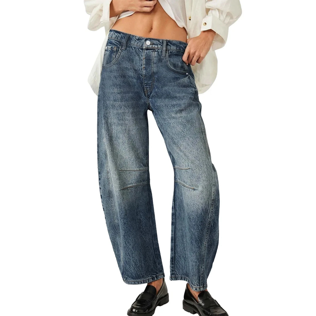 Midiross High Stretch Mid-Rise Barrel Jeans Fashion wide Leg Shape Women Casual Baggy Mid Waist Denim Pants