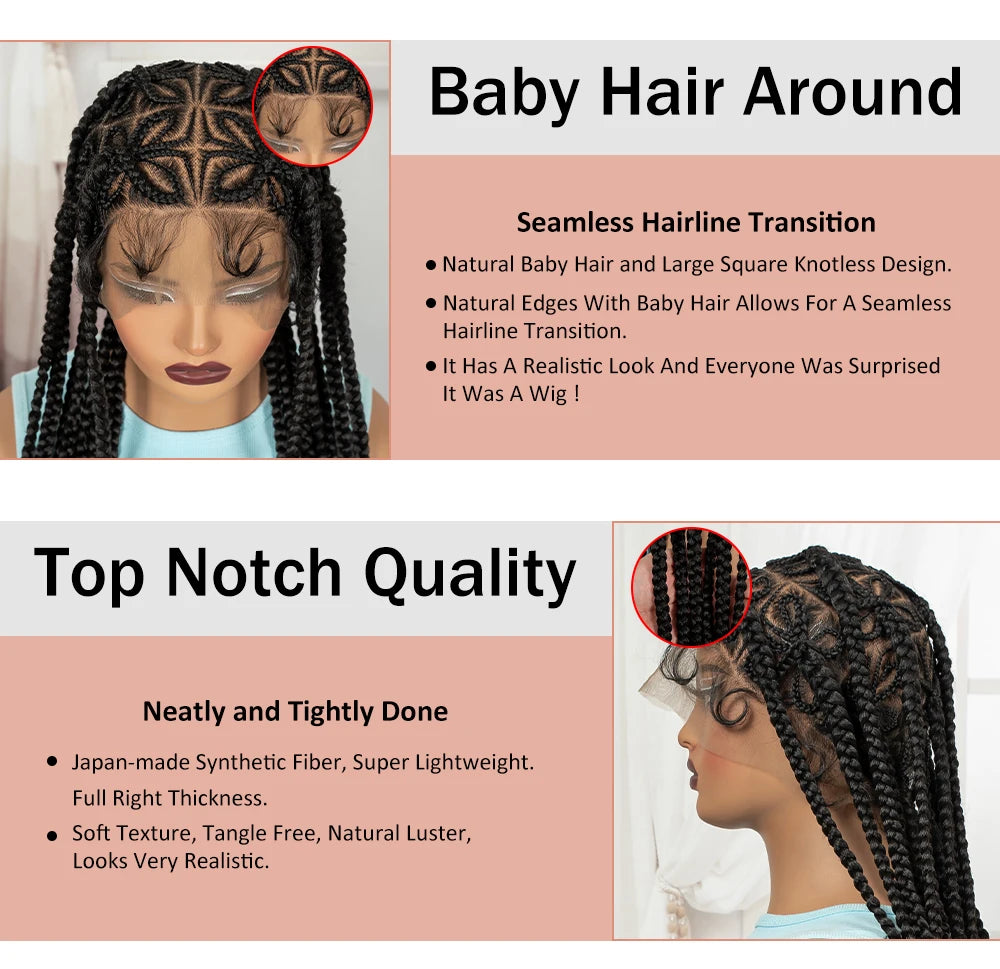 36in Full Lace Cornrow Braided Wigs Synthetic Natural Braiding Hair Wigs Box Braided Lace Wigs with Baby Hair for Black Women
