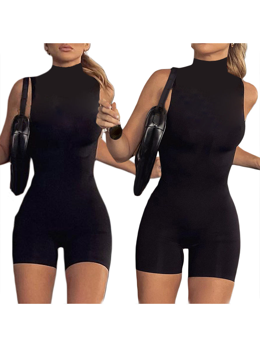 Women Summer Bodycon Jumpsuit Playsuits Mock Neck Sleeveless Skinny Short Romper Skinny Sport Bodysuit