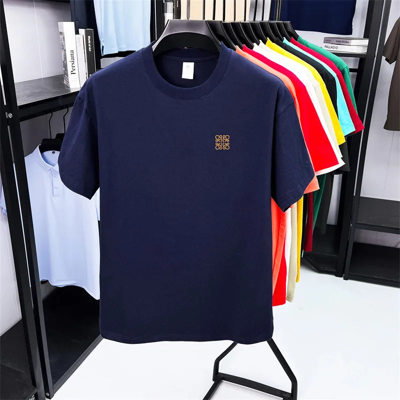 Summer Luxury 100%cotton Man Short-Sleeved T-Shirt Round Neck Delicate Embroidery Absorb Sweat Ventilate Leisure Men's Clothing