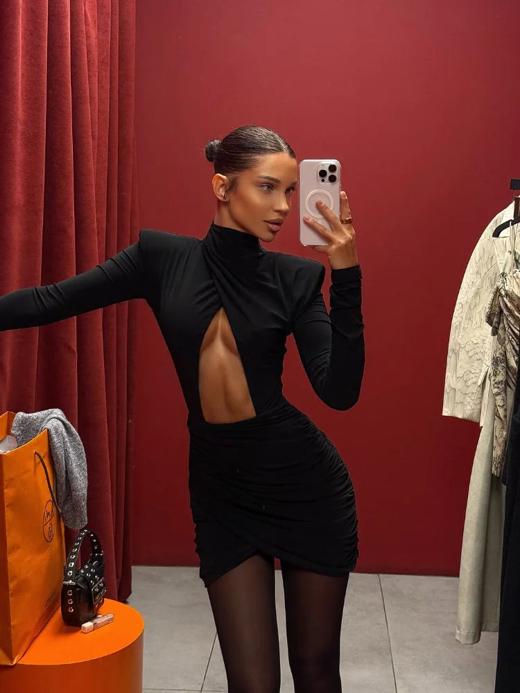 Sexy Hollow-out Pleated Mini Dress Women Fashion Solid Half High Collar Long Sleeve Slim Dresses 2025 Lady Party Club Robes Main image