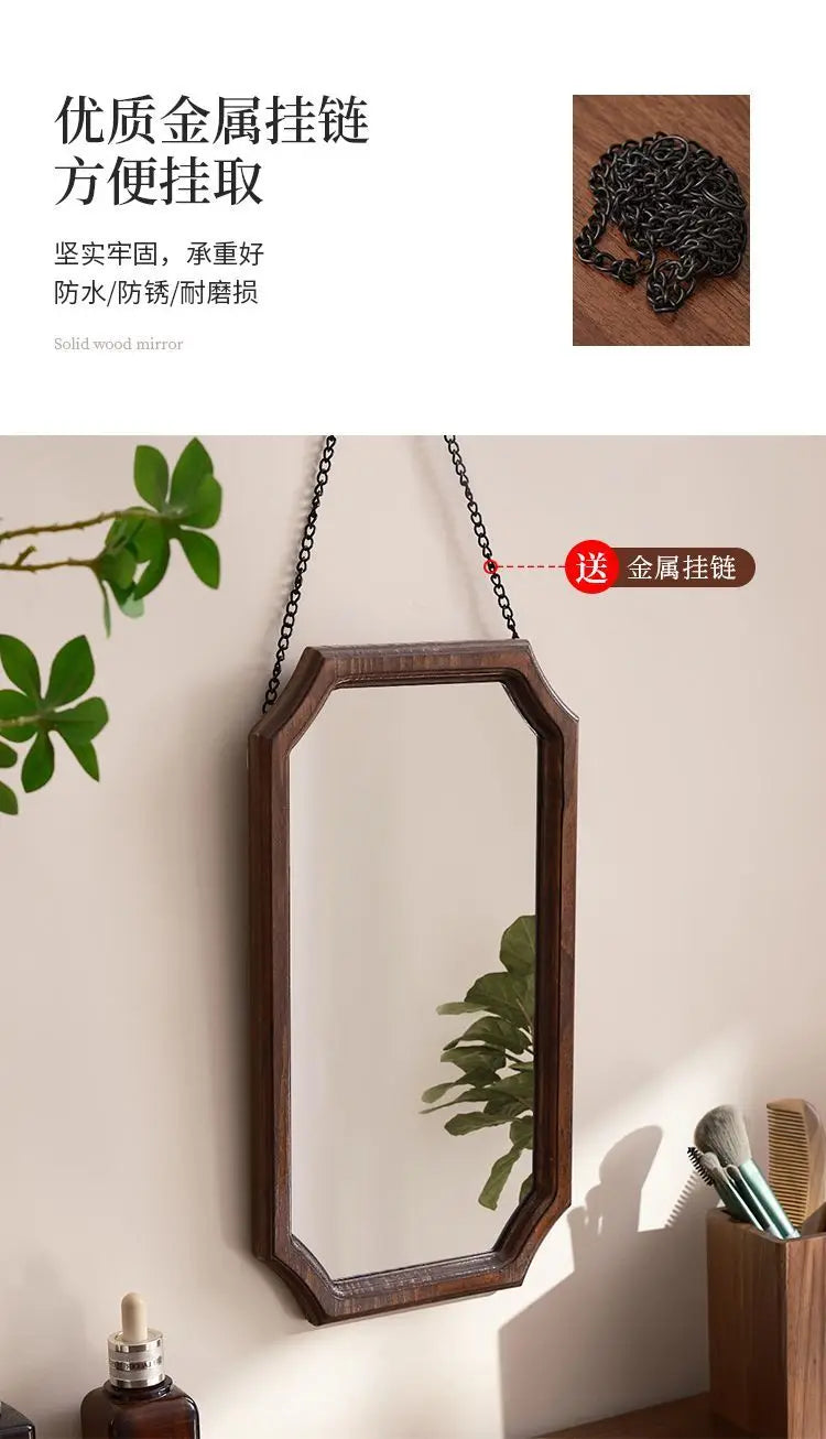 Retro Solid Wood Dressing Mirror Makeup Mirror Wall-mounted Bathroom Toilet Wall-mounted Punch-free Rectangular Bathroom Mirror