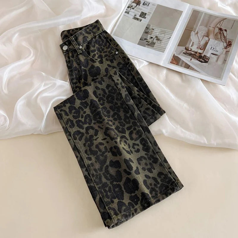 Female Retro Designer Straight Leg Jeans Pants Lady Fashion High Waist Denim Pants Women Leopard Print Baggy Trousers