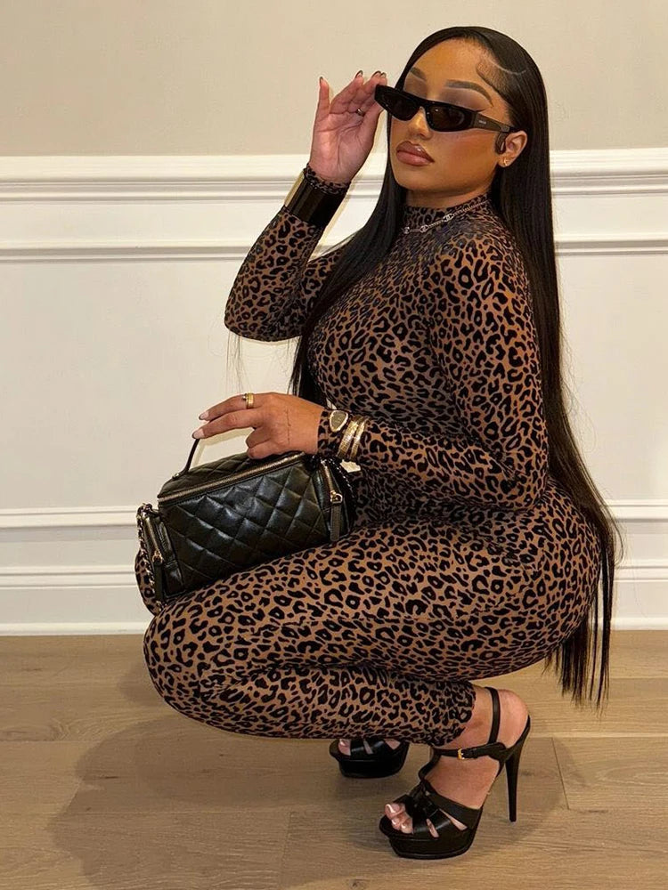 Nibber See Through Sexy Leopard Mesh Jumpsuit Women Sexy Hipster Zip Stretch Midnight Workout Autumn Fitness Street Overalls Main image