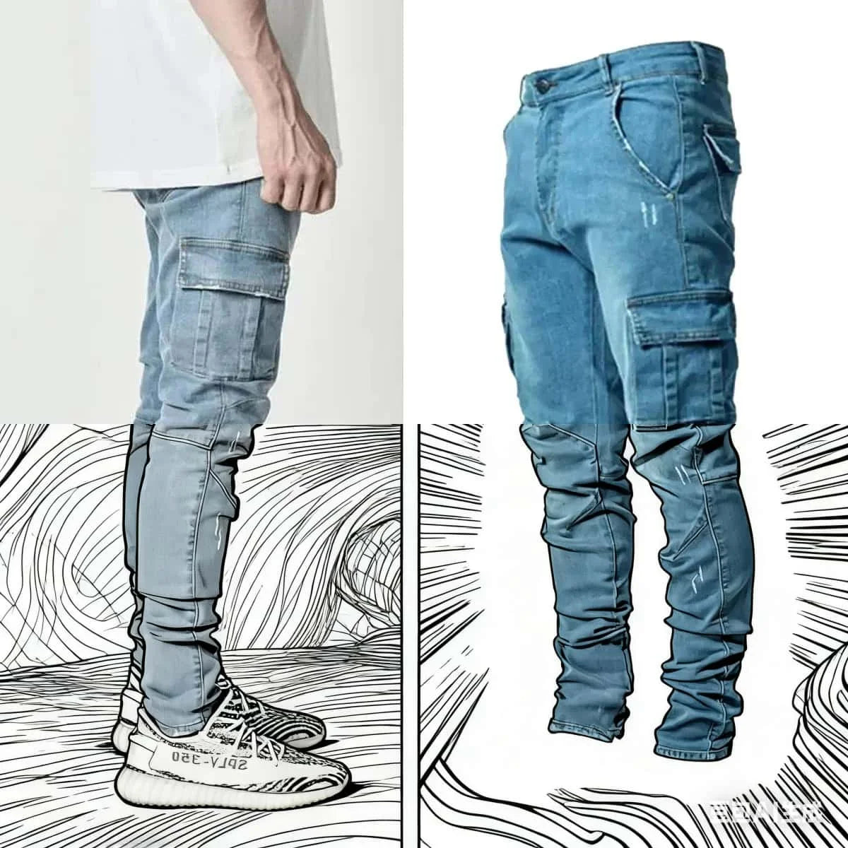 Men Street Elastic Denim Jeans Wash Solid Color Multi Pockets Cargo Pants Casual Slim Fit Daily Wear Joggers Mid Waist Trousers Main image