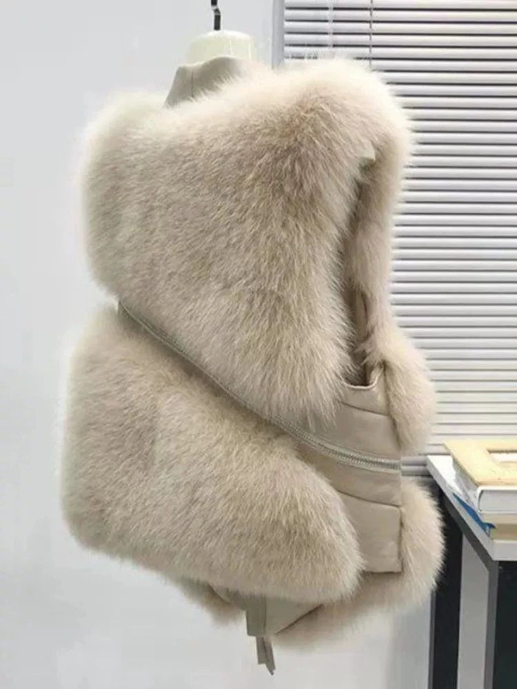Autumn Winter Splicing Imitation Fox Fur Grass Vest Women Short Jacket 2025New Fashion Versatile Sleeveless Lady Waistcoat Coat