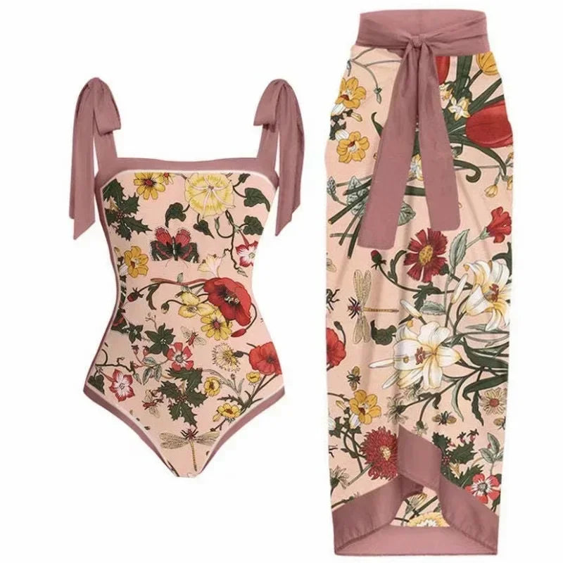 Fashion Women Cover Swimsuit Retro Print Gorgeous One-Piece Suit with Swimwear Beach Casual Swimwear Skirt That Wraps Hips Main image