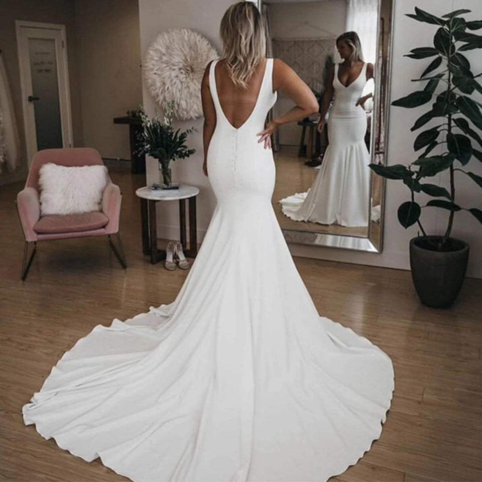 Mermaid Wedding Dresses 2026 Women Elegant Sleeveless White Vestidos De Novia Simple Boho Satin Long Sexy V-Neck Bride Gowns Main image