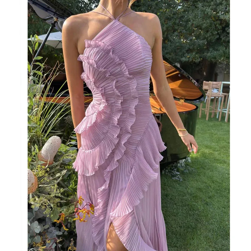 Chic Elegant Lotus Edge Maxi Dress Slim Fit Backless Lace Up Halter Robes Sleeveless Party Vestidos 2026 Nw Lady Vacation Gowns