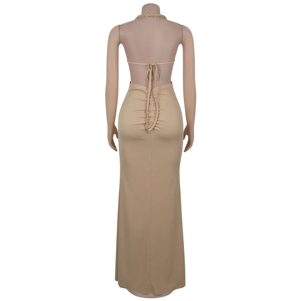 Women's Hollow Out Sleeveless Sexy Knitted Halter Neck Backless Solid Color Dress for Summer 2025