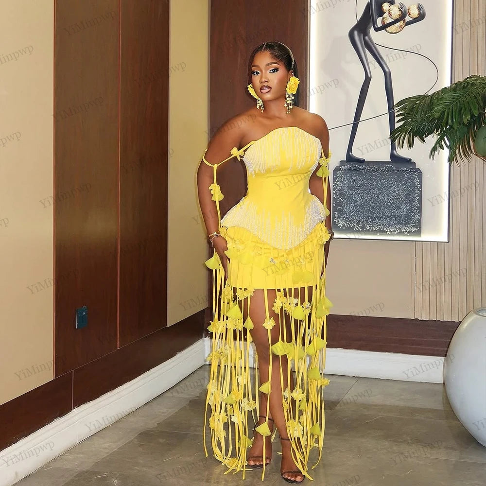Pink Gorgeous Straight Cocktail Dress With Flowers Tassels Beads Luxury Birthday Dress African Sexy Evening Dresses Customized