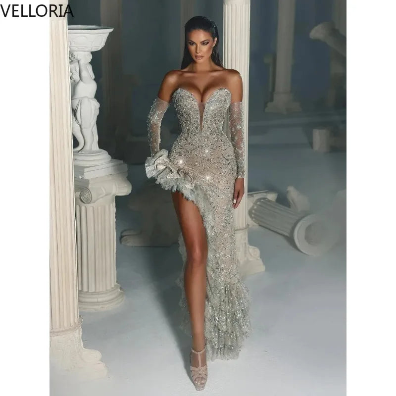 Sparkly Silver Champagne Evening Dress Corset Bodice Ruffled Slit Beaded Mermaid Formal Gowns Wedding Reception Vestidos Custom Secondary image