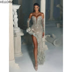 Sparkly Silver Champagne Evening Dress Corset Bodice Ruffled Slit Beaded Mermaid Formal Gowns Wedding Reception Vestidos Custom