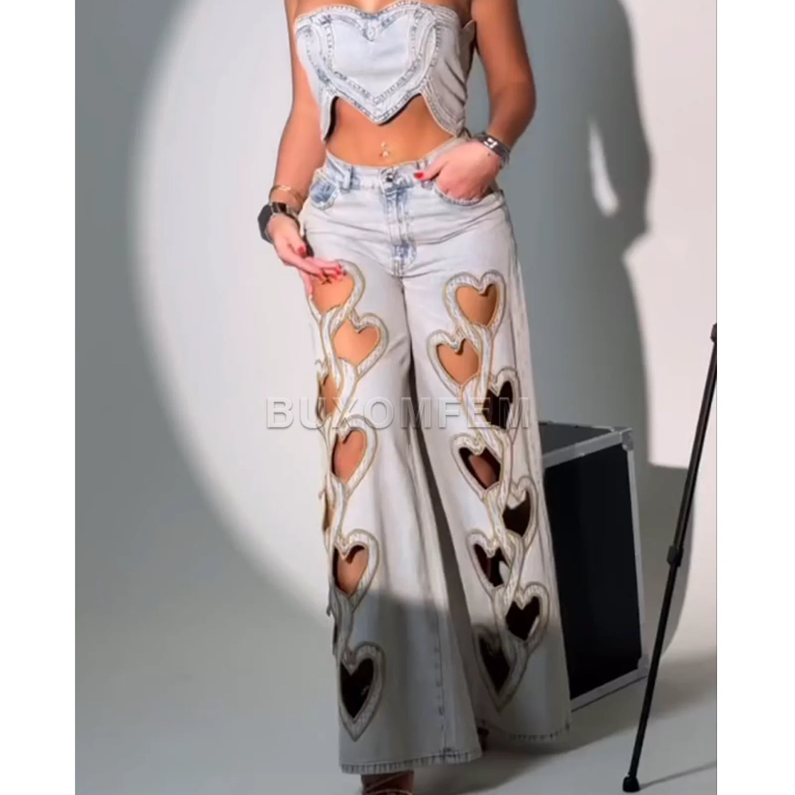 High Waisted Heart-Shaped Hollow Straight Leg Jeans Set Women's Loose Jeans Streewear Stylish Wide Leg Trousers Denim Pants Main image