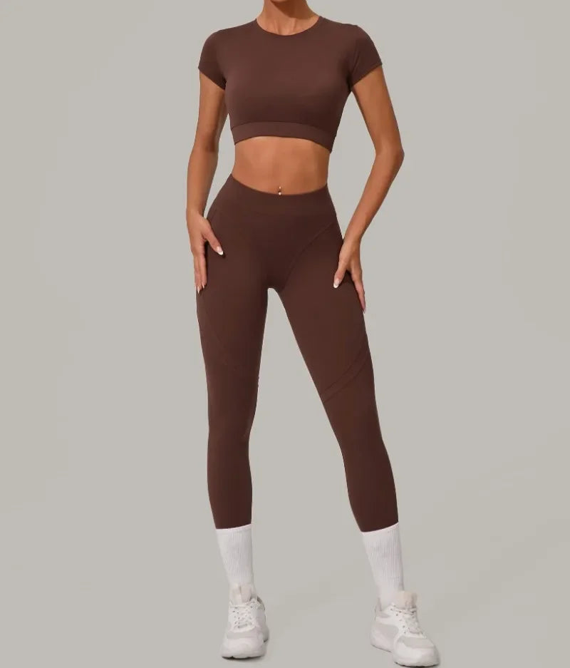 Gym Workout Yoga Fitness Sports Suit Short-sleeved Top Padded-free High-waisted Hip-lifting Trousers Outdoors Leisure Sportswear