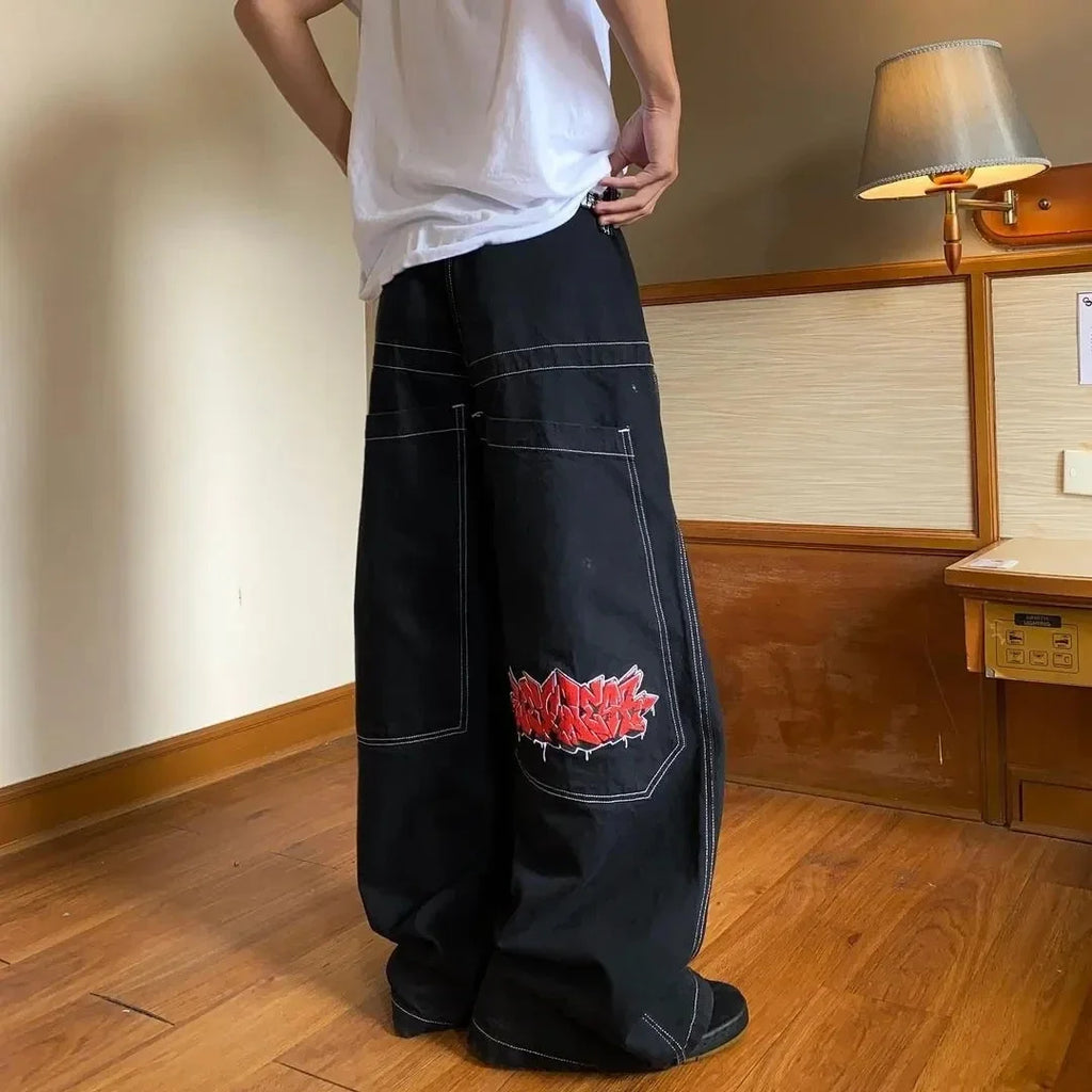 Y2k Trendy Korean Style Jeans Harajuku Retro Simple Angel Print Loose Jeans Fashion New Low Rise Solid Color Straight Leg Pants