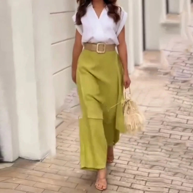 Womens Summer 2 Piece Outfits 2026 Elegant V-neck Short Sleeved Top & Skirt Wide Leg Pants Fashion Casual Female Two Piece Sets Main image