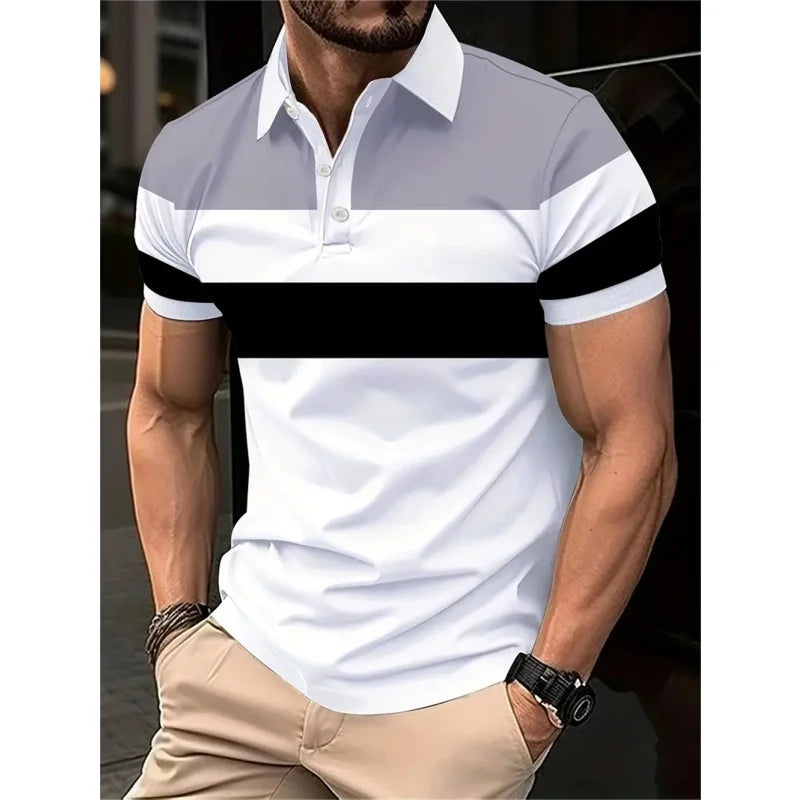 3D Print Striped Color Block Polo Shirt For Men Colorful Pattern T-Shirt Summer Casual Lapel Tops Loose Short Sleeve Street Tees Main image